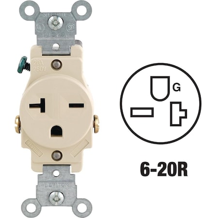 Leviton Straight Blade Receptacle, 6-20R, 20 A, 250V AC, 2 Pole, 3 Wire, Grounded S11-05821-0IS